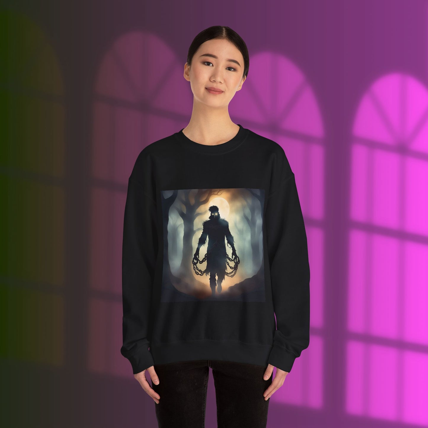 Eerie Night Long Sleeve Shirt with Spooky Design, Unisex Sweatshirt for Halloween, Gift for Horror Lovers, Cozy Crewneck for Fall, Unique Graphic Sweatshirt