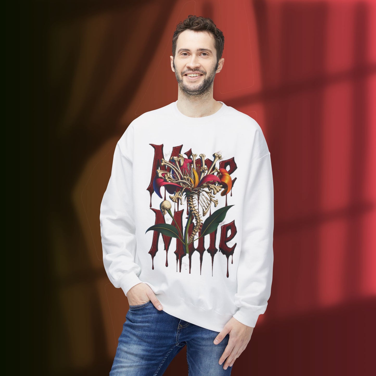 My Heart Is A Flower Covered In Bloody Bones, Vibrant Graphic Fleece Sweatshirt, Unisex Crewneck Sweatshirt, Casual Wear, Gift for Him/Her, Streetwear Style, Art-Inspired Apparel