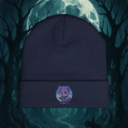 Cute Baby Werewolf Under The Full Moon Embroidered Knit Beanie, Winter Headwear, Cozy Accessories, Unique Halloween Fashion.