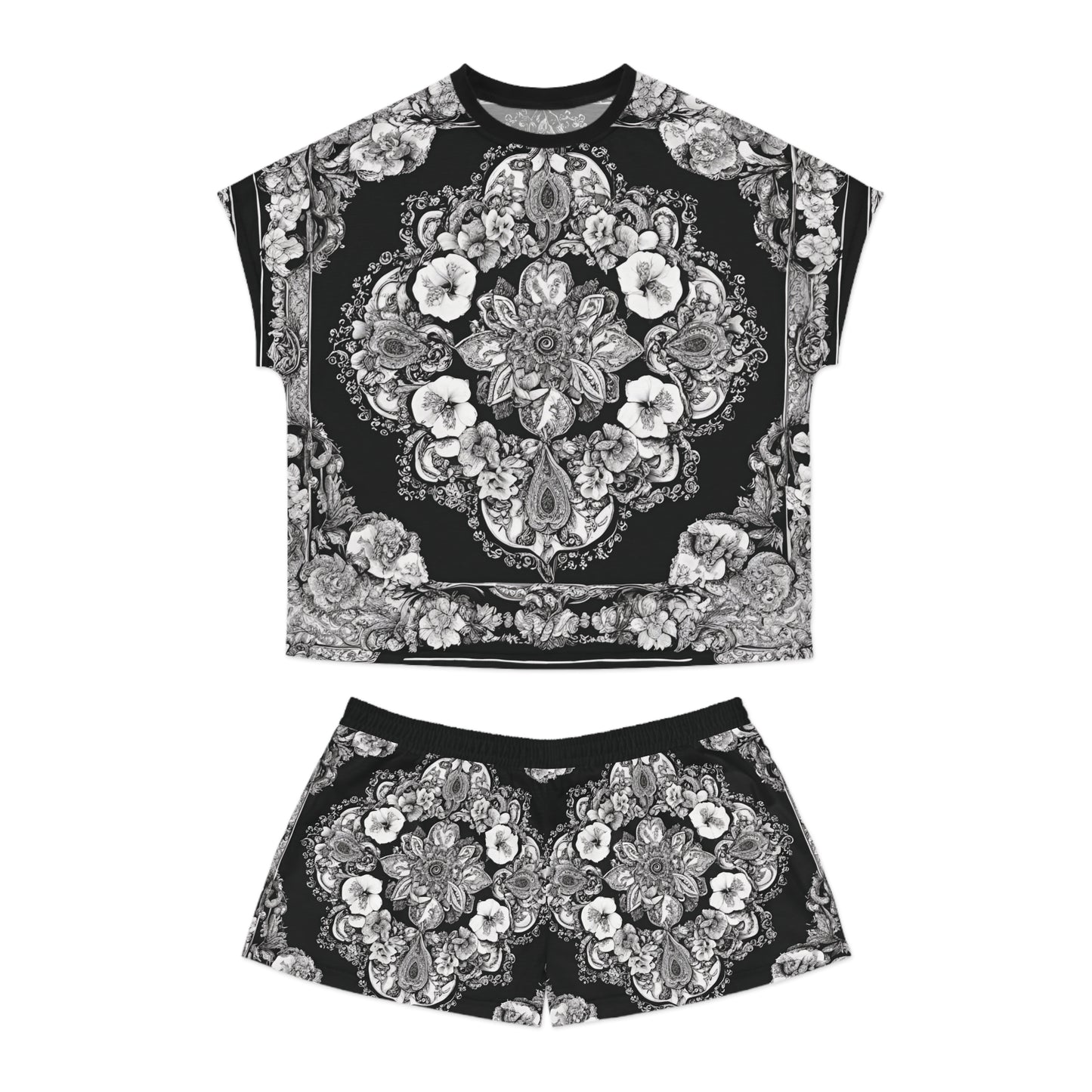 Women's Paisley Style Black And White Canvas Short Pajama Set