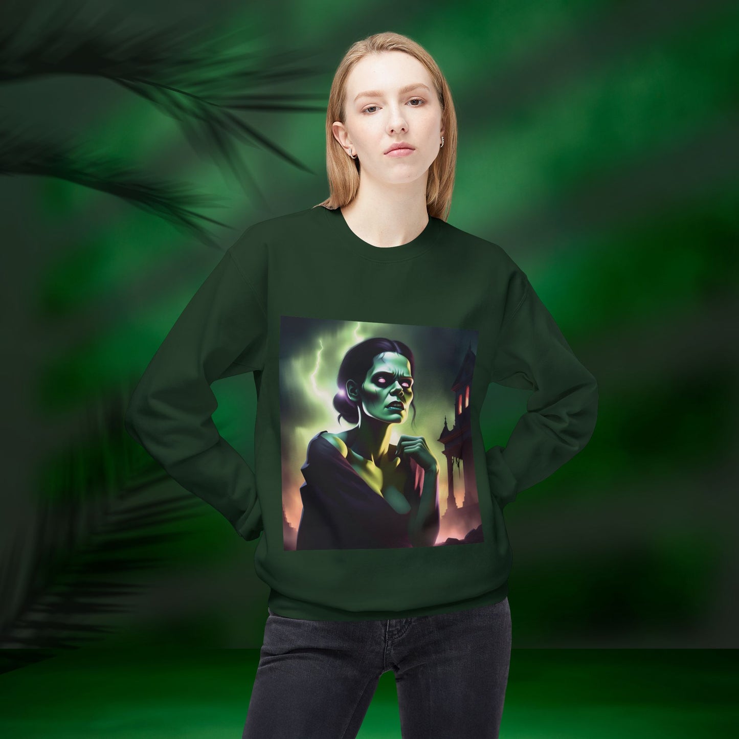 Gothic Broken Art Female Frankenstein Sweatshirt, Cozy Halloween Crewneck, Unisex Graphic Fleece, Witchy Apparel, Spooky Aesthetic, Gift for Horror Lovers