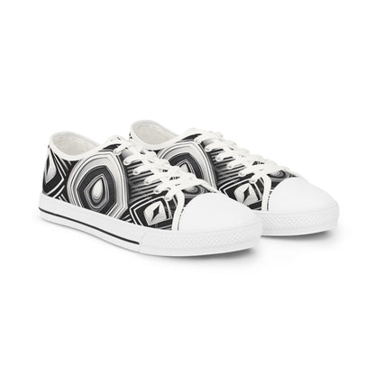 Black & White Geometric Low Top Sneakers — Men's Patterned Canvas Shoes