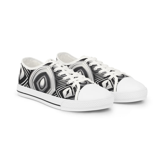 Black & White Geometric Low Top Sneakers — Men's Patterned Canvas Shoes