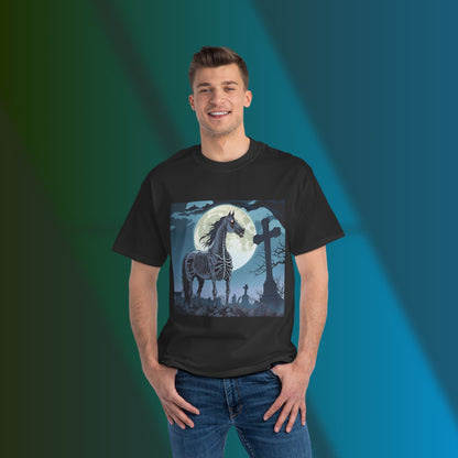 Spooky Skeleton Horse T-Shirt, Halloween Shirt, Horror Tee, Eerie Graphic T-Shirt, Dark Art Apparel, Unique Gift for Horse Lovers