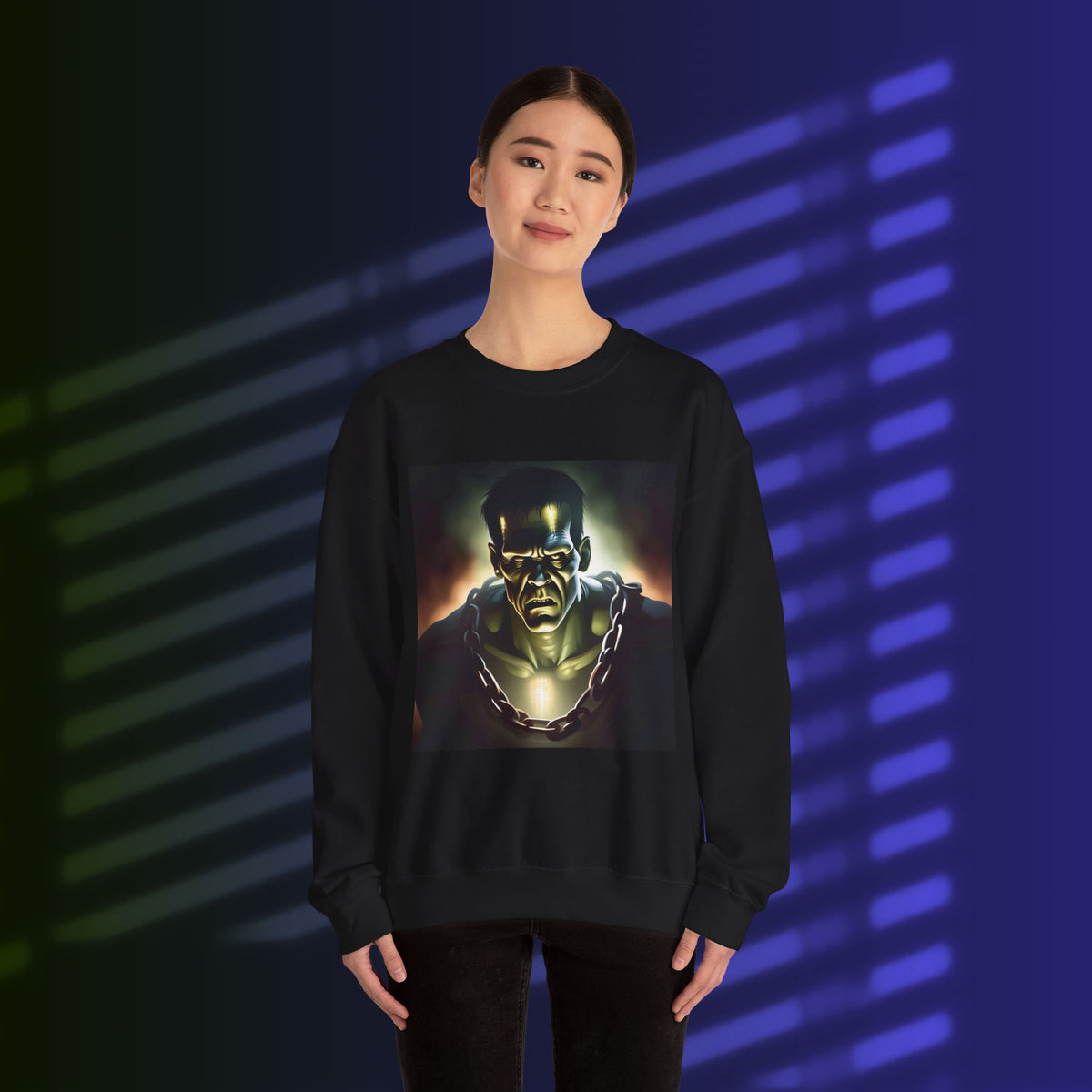Vintage Frankenstein Horror Crewneck Sweatshirt, Unisex Halloween Sweater, Frankenstein Gift, Cozy Lounge Wear, Spooky Style, Autumn Apparel, Horror Fans