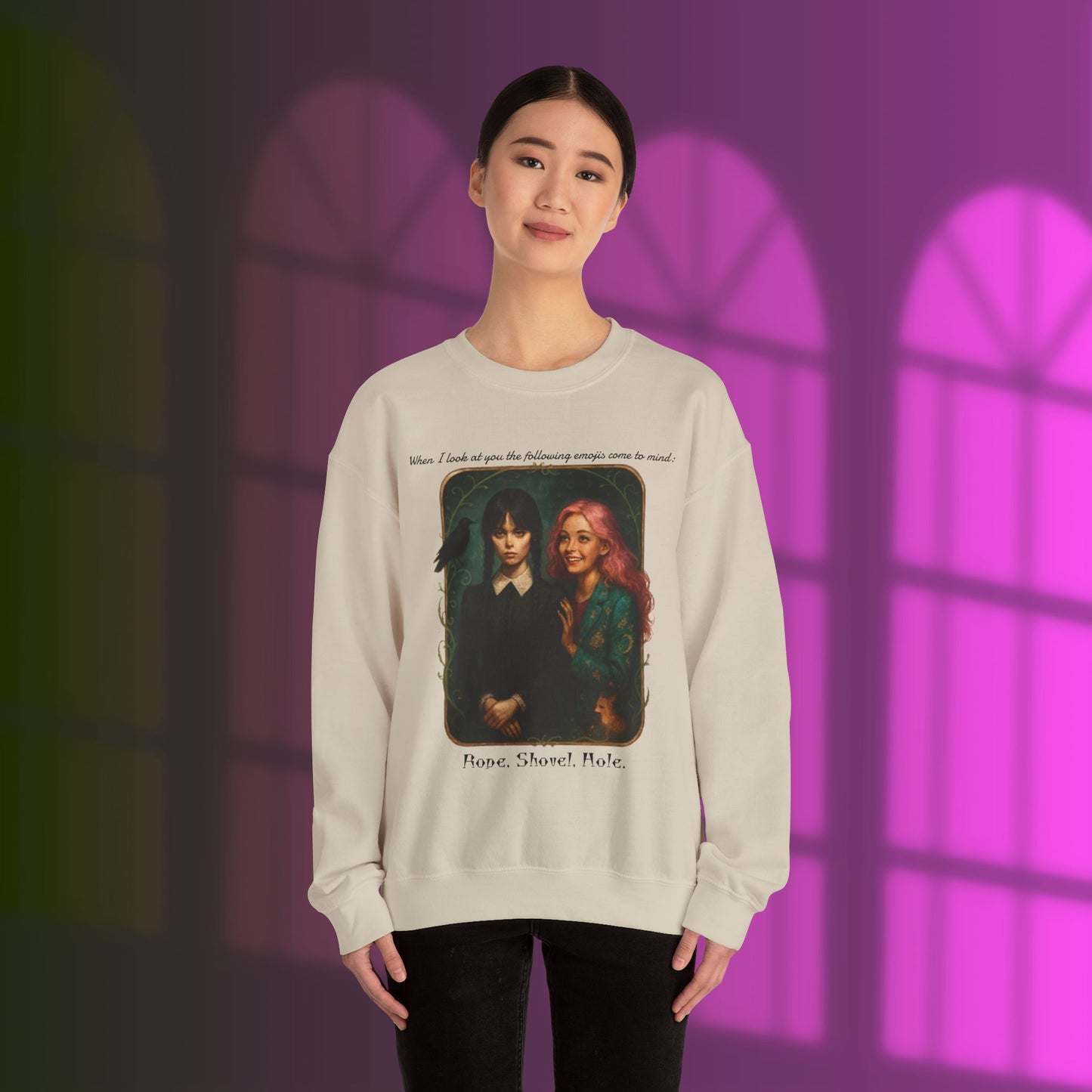 Wednesday and Enid Whimsical Crewneck Sweatshirt - Halloween Goth Lovers Vintage Art Sweattop