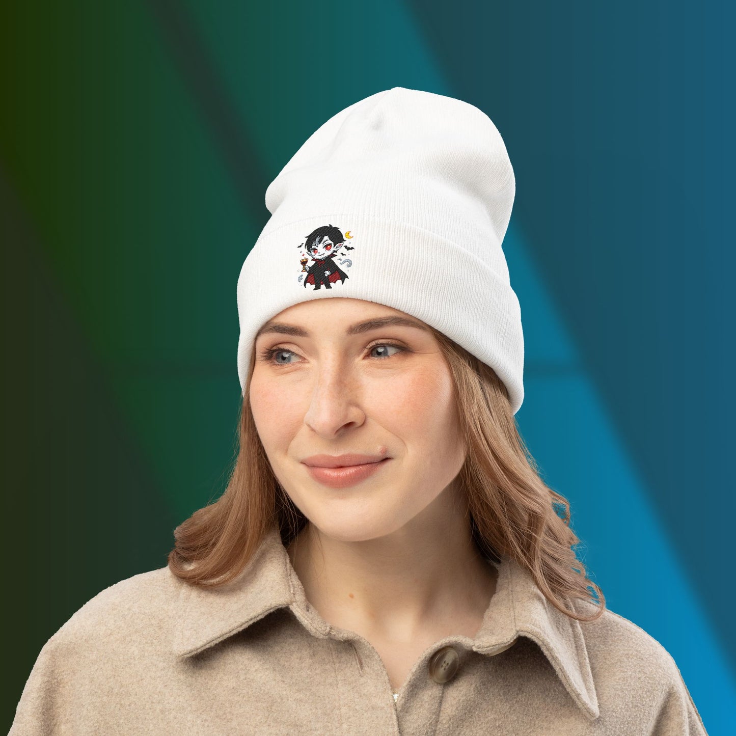 Cute & Classy Vampire Embroidered Knit Beanie for Halloween Lovers, Cozy Winter Hat, Spooky Gifts, Cartoon Design, Vampire Character Beanie