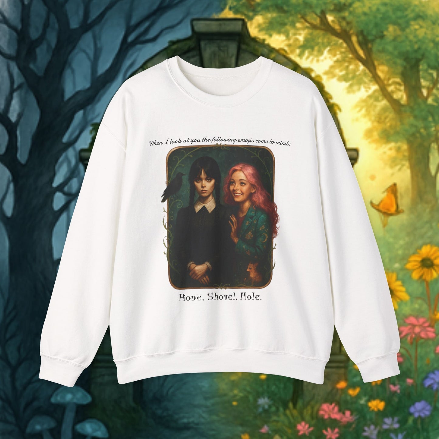 Wednesday and Enid Whimsical Crewneck Sweatshirt - Halloween Goth Lovers Vintage Art Sweattop