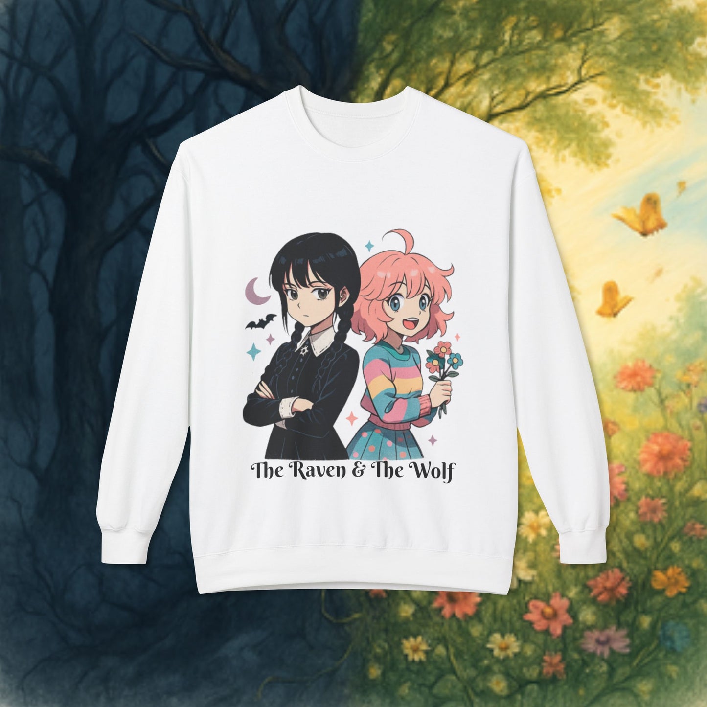 Wednesday & Enid Cartoon Crewneck Sweatshirt: The Raven & The Wolf Design, Cute Gift, Cozy Casual Wear, Everyday Comfort.