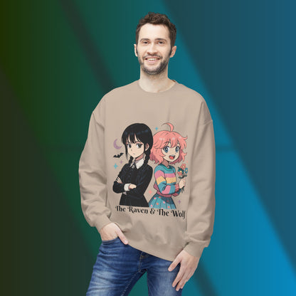 Wednesday & Enid Cartoon Crewneck Sweatshirt: The Raven & The Wolf Design, Cute Gift, Cozy Casual Wear, Everyday Comfort.