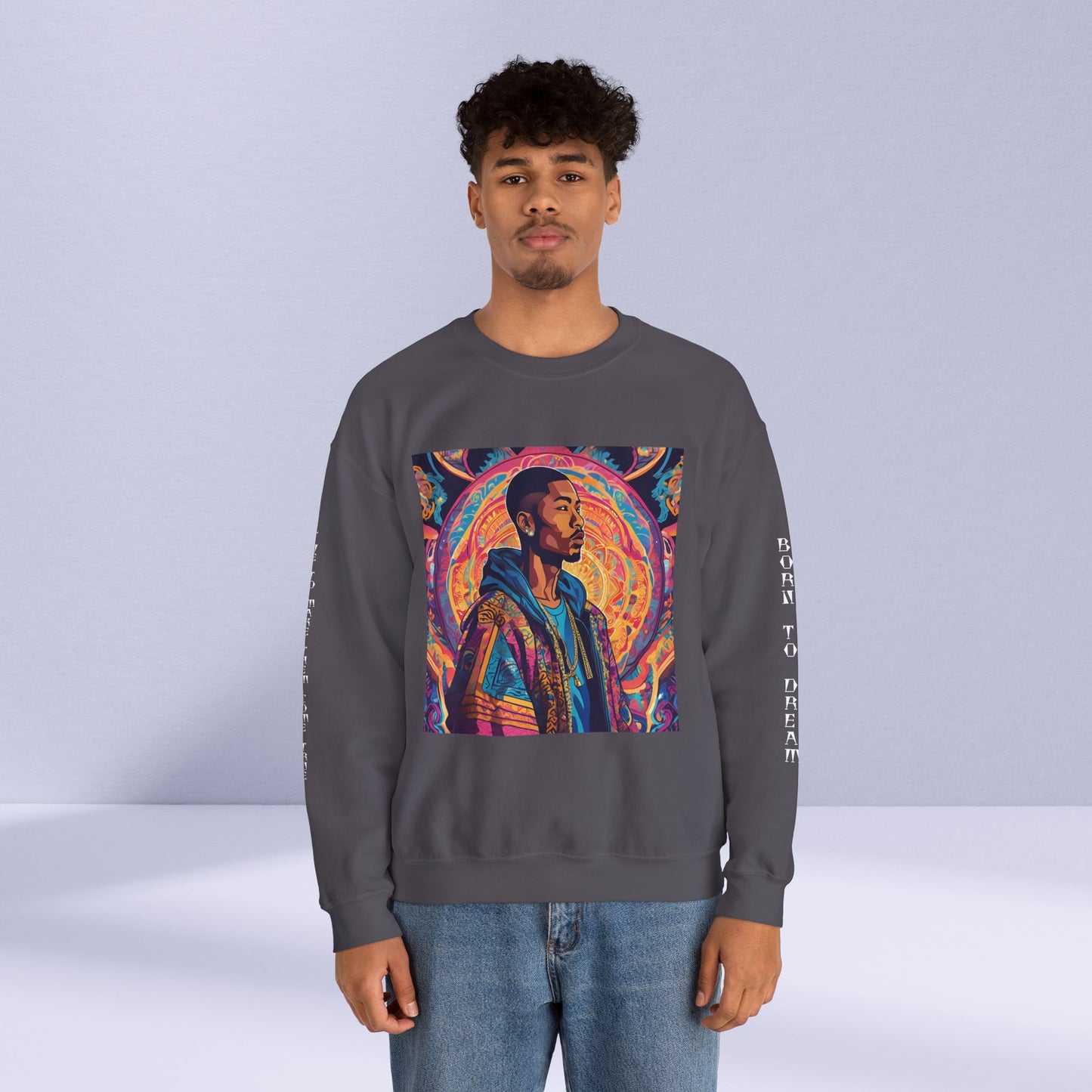 Tribe Of Dreams Standing In Front Of An Ornate Patterned Background Crewneck Sweatshirt