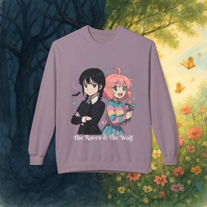 Wednesday & Enid Cartoon Crewneck Sweatshirt: The Raven & The Wolf Design, Cute Gift, Cozy Casual Wear, Everyday Comfort.